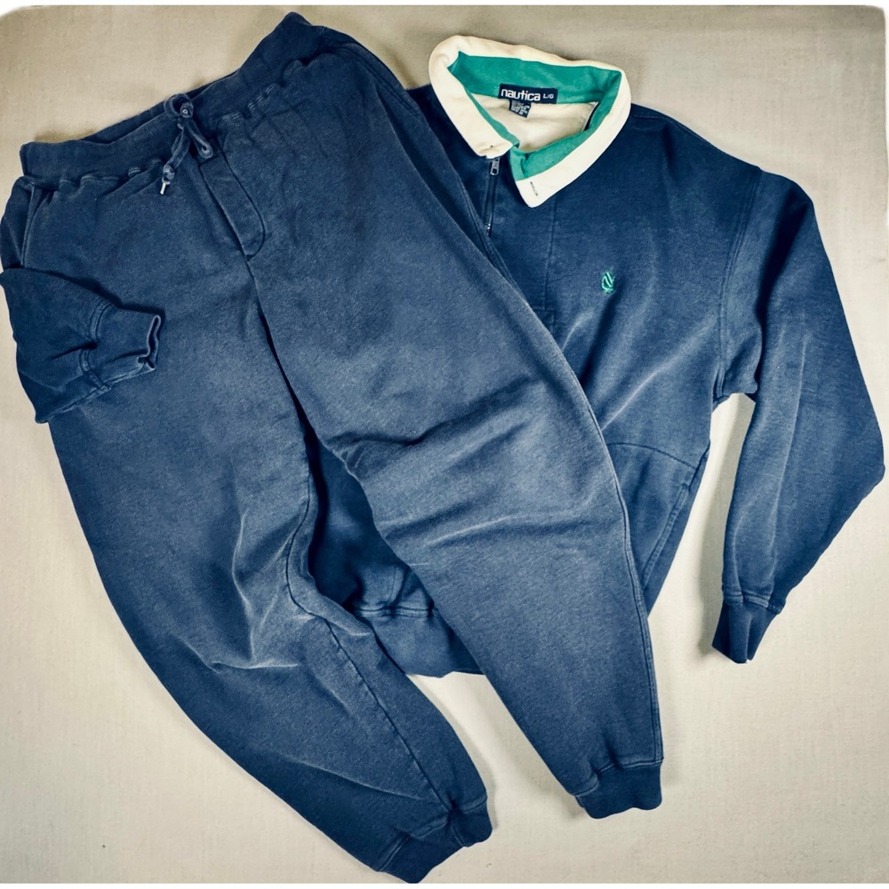Vtg Nautica Y2K 90s Track Suit Men Large Navy Quarter Zip Sweatshirt Joggers Set